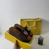 Michael Kors Sadler Logo Jacquard Wedge Sandals With OG Box & Carry Bag 6622-3 Brown