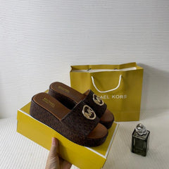 Michael Kors Sadler Logo Jacquard Wedge Sandals With OG Box & Carry Bag 6622-3 Brown