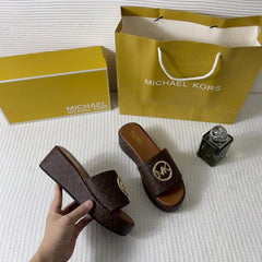 Michael Kors Sadler Logo Jacquard Wedge Sandals With OG Box & Carry Bag 6622-3 Brown