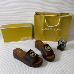 Michael Kors Sadler Logo Jacquard Wedge Sandals With OG Box & Carry Bag 6622-3 Brown