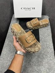 Coach Signature Pattern Apricot Platform Mules With OG Box & Dust Cover 6622-7 Apricot