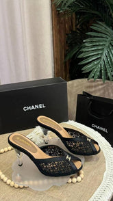 Chanel Net Black Heel Pump For Women With Original Box And Carry Bag
