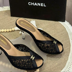 Chanel Net Black Heel Pump For Women With Original Box And Carry Bag