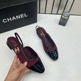 Chanel Slingbacks Burgundy Suede Patent Black Leather Cap Toe With OG Box Dust Cover Card Wine 17605
