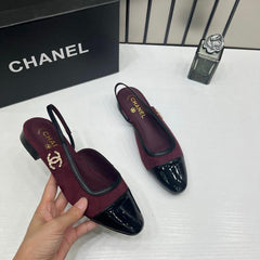 Chanel Slingbacks Burgundy Suede Patent Black Leather Cap Toe With OG Box Dust Cover Card Wine 17605