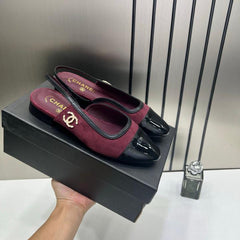 Chanel Slingbacks Burgundy Suede Patent Black Leather Cap Toe With OG Box Dust Cover Card Wine 17605