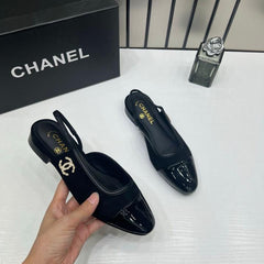 Chanel Slingbacks Black Suede Patent Black Leather Cap Toe With OG Box Dust Cover Card Blacl 17605