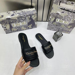 Christian Dior D Lane Slide Black Flats Openwork Microcannage Motif With OG Box & Carry Bag 1892 Black