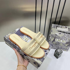 Christian Dior D Lane Slide Beige Flats Openwork Microcannage Motif With OG Box & Carry Bag 1892 Beige