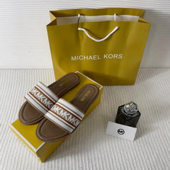 Michael Kors MK Sadler Slide Flats Brown Monogram Fabric Strap With OG Box 235 M6 Brown