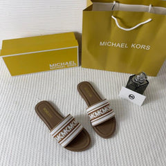 Michael Kors MK Sadler Slide Flats Brown Monogram Fabric Strap With OG Box 235 M6 Brown