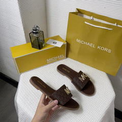 Michael Kors MK Kippy Leather Slide Flats Brown Embossed Logoprint With OG Box & Carry Bag 235 M5 Brown