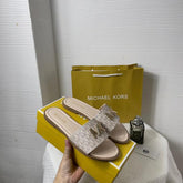 Michael Kors MK Kippy Leather Slide Flats Pink Embossed Logoprint With OG Box & Carry Bag 235 M5 Pink