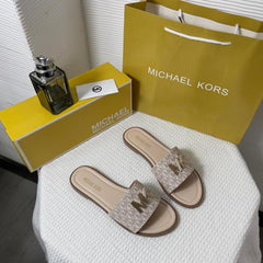 Michael Kors MK Kippy Leather Slide Flats Pink Embossed Logoprint With OG Box & Carry Bag 235 M5 Pink