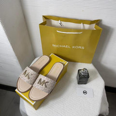 Michael Kors MK Kippy Leather Slide Flats Pink Embossed Logoprint With OG Box & Carry Bag 235 M5 Pink