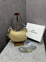 Coach Kleo Hobo In Signature Canvas With Box & Dust Bag & Sling Belt Apricot White C8470