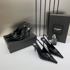 Ysl Yves Saint Laurent Pointed Toe Matte Leather Slingback Pumps With OG Box Dust Cover Black A16