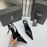 Ysl Yves Saint Laurent Pointed Toe Glossy Patent Leather Slingback Pumps With OG Box Dust Cover Glossy Patent Black 16