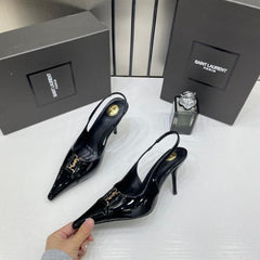 Ysl Yves Saint Laurent Pointed Toe Glossy Patent Leather Slingback Pumps With OG Box Dust Cover Glossy Patent Black 16