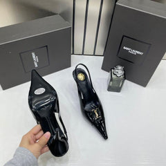 Ysl Yves Saint Laurent Pointed Toe Glossy Patent Leather Slingback Pumps With OG Box Dust Cover Glossy Patent Black 16