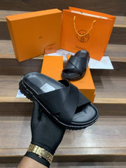 HERMES INFRA BLACK PREMIUM LEATHER SLIDE