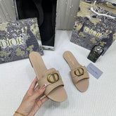 Christian Dior 30 Montaigne Slide Flats Leather Gold Finish Metal CD Signature With OG Box Carry Bag 0192