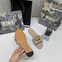 Christian Dior 30 Montaigne Slide Flats Leather Gold Finish Metal CD Signature With OG Box Carry Bag 0192