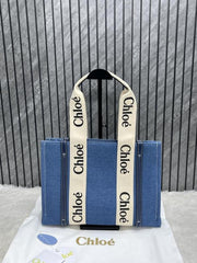 Chloe Denim Medium Canvas Woody Tote With Dust Cover Denim Blue