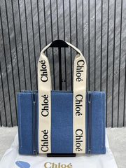 Chloe Denim Medium Canvas Woody Tote With Dust Cover Denim Blue