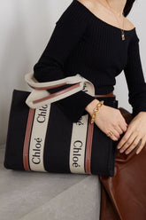 Chloe Black Cloth Brown Canvas Medium Canvas Woody Tote With Dust Cover Black Cloth Brown