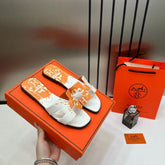 Hermes Paris Oran Flats For Her With OG Box & Carry Bag H38-44 White Orange Slide
