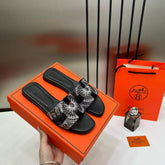 Hermes Paris Oran Flats For Her With OG Box & Carry Bag H38-44 Black White Slide
