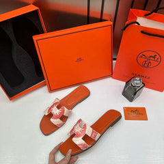 Hermes Paris Oran Flats For Her With OG Box & Carry Bag H38-44 Orange Color Slide
