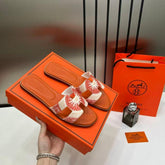 Hermes Paris Oran Flats For Her With OG Box & Carry Bag H38-44 Orange Color Slide