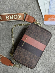 Michael Kors Jet Set Signature Logo Striped Small Camera Crossbody Bag Coffee With OG Box Dust Cover & Carry Bag 248 Coffee