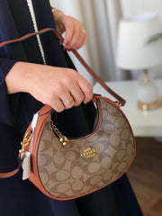 Coach Small Jonie 22 Half Moon Leather Shoulder Bag In Signature Canvas & Brown 088