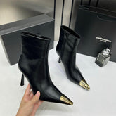 Ysl Saint Laurent Paris Black High Heeled Ankle Boots With Gold Metal Toe Cap With OG Box Dust over & Carry Bag B1 Black