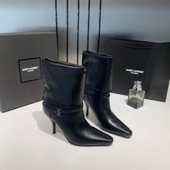 Ysl Saint Laurent Niki Leather High Heeled Ankle Boots With The YSL Logo With OG Box Dust Cover & Carry Bag B2 Black