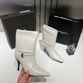 Ysl Saint Laurent Niki Leather High Heeled Ankle Boots With The YSL Logo With OG Box Dust Cover & Carry Bag B2 Off White