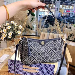 Tory Burch T Monogram Jacquard Top Handle Sling Bag With OG Box Dust Cover Blue