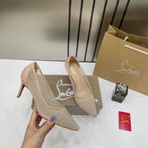 Christian Louboutin Follies Strass Women Pumps Heel With OG Box & Dust Cover Apricot