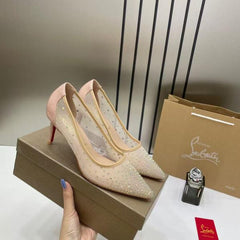 Christian Louboutin Follies Strass Women Pumps Heel With OG Box & Dust Cover Apricot