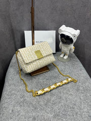 Balmain 1945 Soft Mini Bag Jacquard Monogram With OG Box & Dust Bag Apricot 396