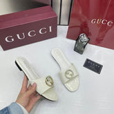 Gucci Round Interlocking G in White Leather Shiny Classic Slides With OG Box & Carry Bag 1892