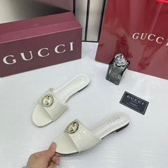 Gucci Round Interlocking G in White Leather Shiny Classic Slides With OG Box & Carry Bag 1892