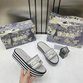 Dior Riviera Dway Platform Raffia Slides For Women With OG Box And Carry Bag Grey 5099 10