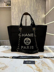 Chanel deauville pearl canvas tote bag black 5626