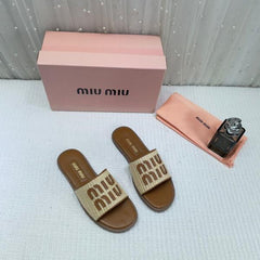 Miu Miu Logo patch Raffia Slides With OG Box Carry & Bag Brown 19D