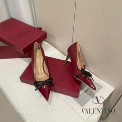 Valentino Pump Heel Elegant Womens Wine Patent Leather With Black Knot With OG Box & Carry Bag 933 V9 Wine