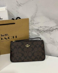 Coach Corner Zip Wristlet In Signature Canvas With Brown With OG Box & Dust Bag 101